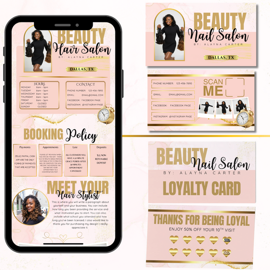 Pink Marble Bundle Including: Hair Booking Site, Business Cards, and Loyalty Cards