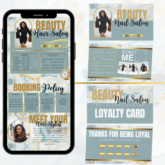 Teal Marble Bundle Including: Hair Booking Site, Business Cards, and Loyalty Cards